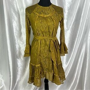 Mia Joy Mustard Lace Boho Mini Bell Sleeve Dress XS (See 📏)